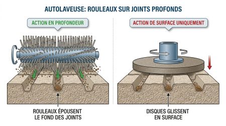 Autolaveuse: rouleaux sur joints profonds