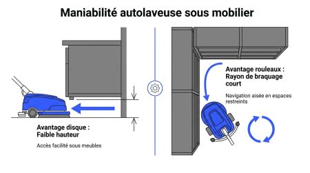Maniabilité autolaveuse sous mobilier