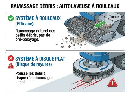 Ramassage débris: autolaveuse à rouleaux