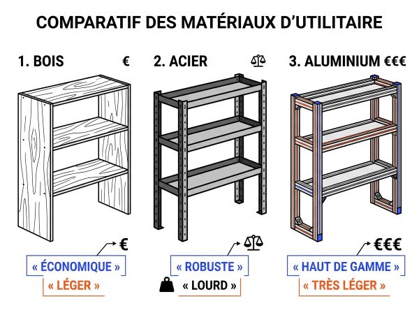 Comparatif bois acier aluminium rangement utilitaire.