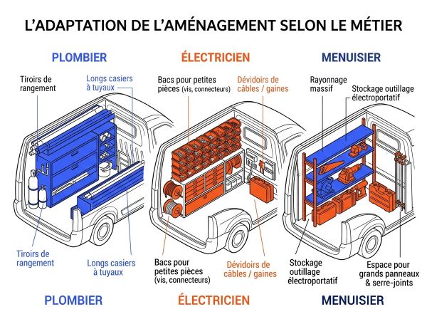 Rangements utilitaires adaptés par type de métier.