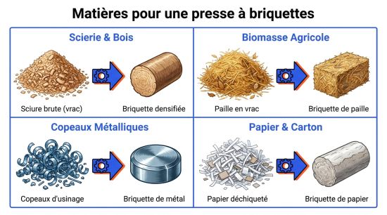 Matières pour une presse à briquettes