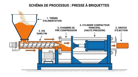 Schéma des 5 étapes d'une presse à briquettes