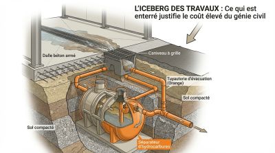 Coupe technique du sol montrant une aire de lavage : dalle béton, ferraillage, pente et séparateur enterré.