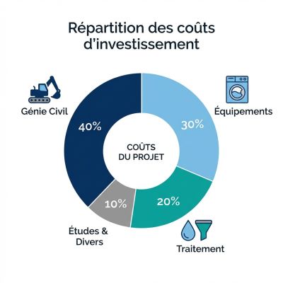 Diagramme circulaire répartissant les coûts d'un projet de lavage : génie civil, équipements, traitement et études.