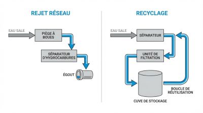 Schéma technique comparant deux filières de traitement de l'eau : rejet réseau après séparation vs recyclage en circuit fermé.