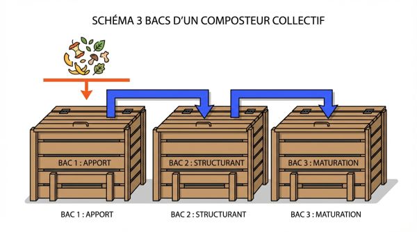 Schéma 3 bacs d'un composteur collectif