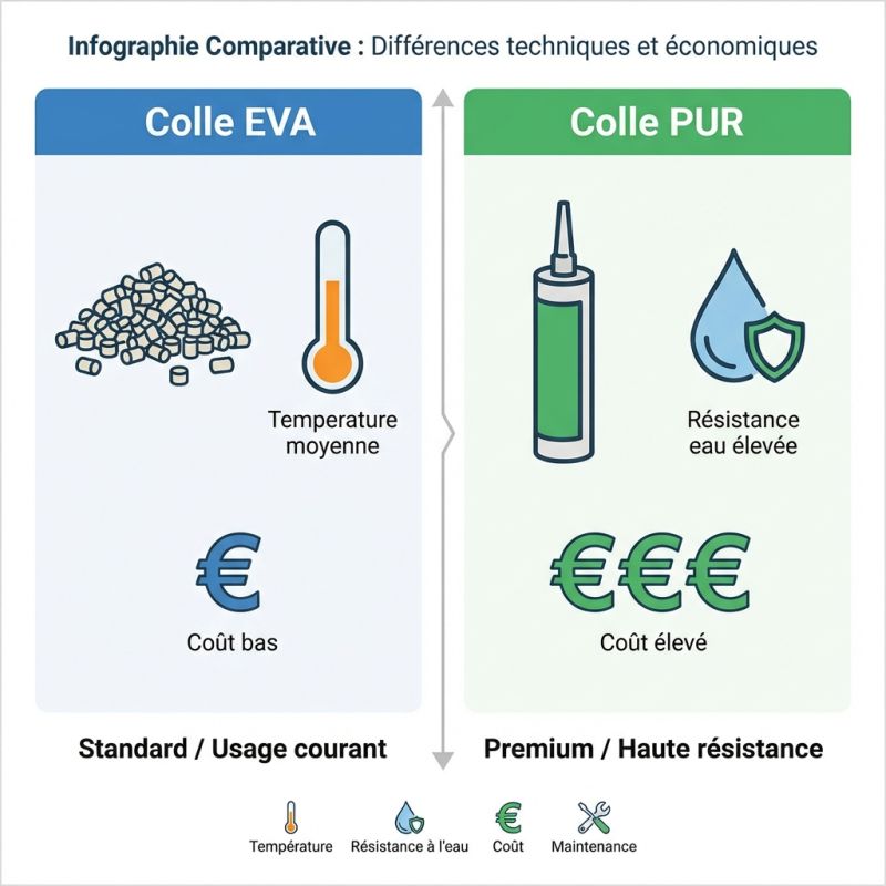 Infographie comparative entre colle EVA et colle PUR