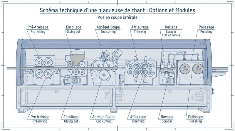 Schéma technique d'une plaqueuse de chant