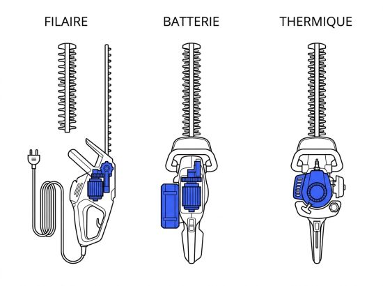 Comparatif taille-haie filaire batterie thermique