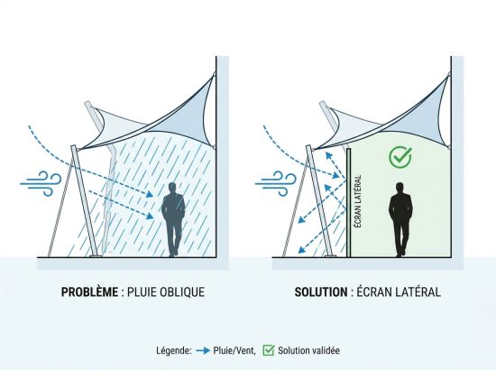 Préau toile tendue pluie oblique