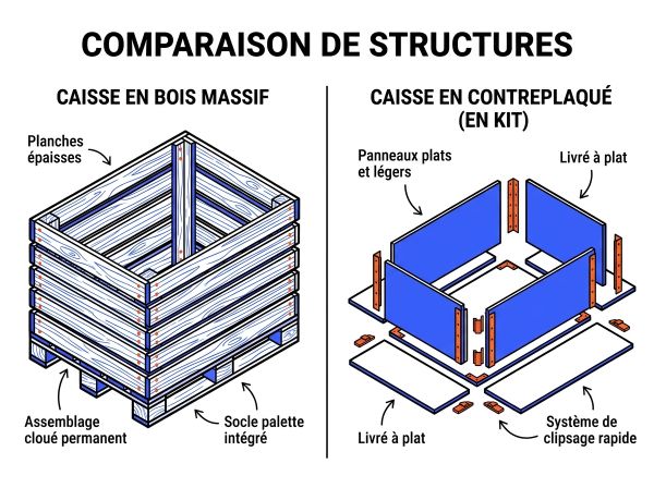 Comparatif visuel entre caisse bois massif et contreplaqué
