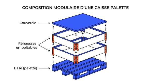 Schéma d'une caisse palette avec base et réhausses