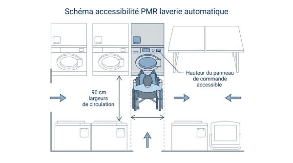 Schéma accessibilité PMR laverie automatique.
