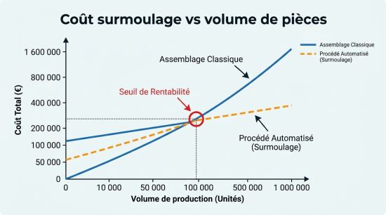 Coût surmoulage vs volume de pièces