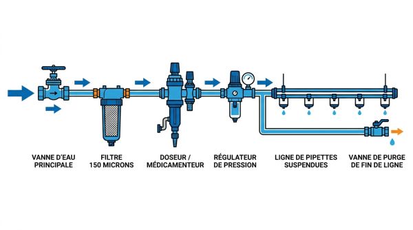Circuit eau filtre doseur régulateur élevage