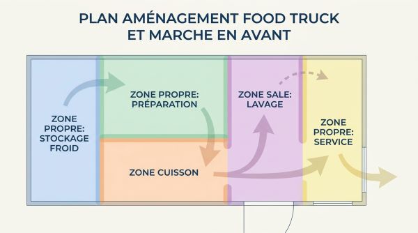 Plan aménagement food truck et marche en avant