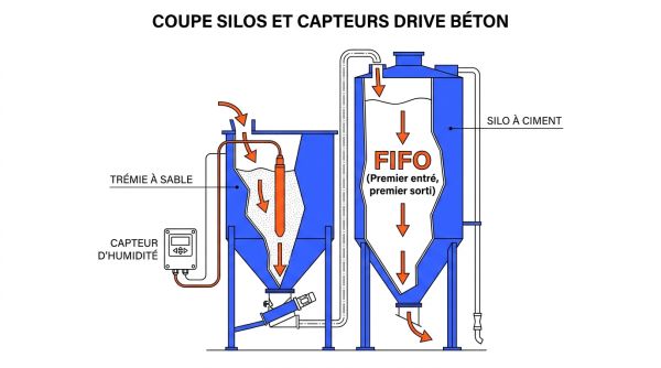 Coupe silos et capteurs drive béton