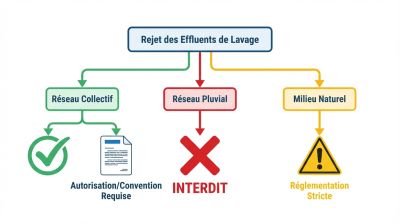 Arbre de décision illustrant les options de rejet des effluents : réseau collectif (autorisé sous convention), réseau pluvial (interdit) et milieu naturel (réglementé).