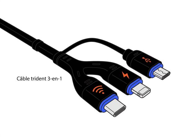 Câble trident 3-en-1 avec connecteur USB-C