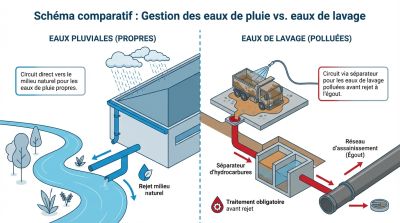 Schéma comparatif montrant la différence de gestion entre les eaux de pluie (rejet milieu naturel) et les eaux de lavage (traitement obligatoire).
