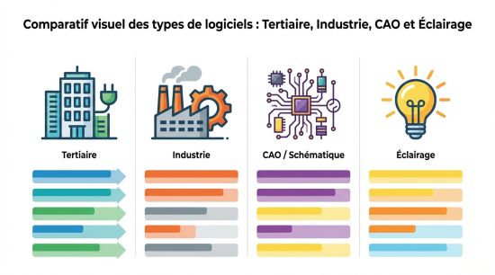 Comparatif visuel des types de logiciels : BT, Industrie, CAO et Éclairage