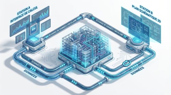 Illustration du flux de données BIM entre calcul, maquette et schéma