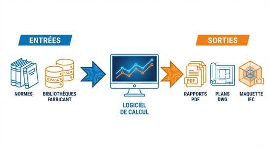 Schéma de fonctionnement d'un logiciel de calcul : entrées normes et sorties rapports