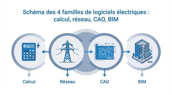 Schéma des 4 familles de logiciels électriques : calcul, réseau, CAO, BIM