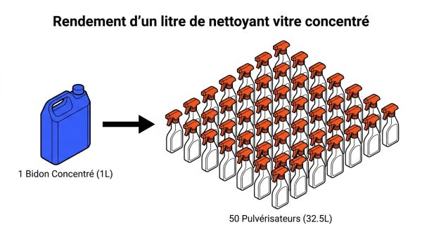 Rendement d'un litre de nettoyant vitre concentré