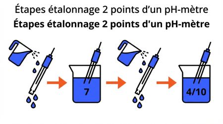 Étapes étalonnage 2 points d'un pH-mètre