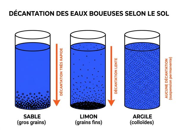 Décantation des eaux boueuses selon le sol