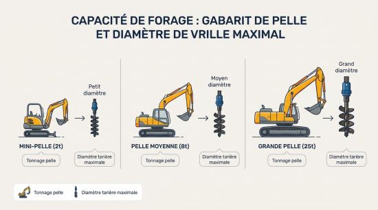 Tonnage pelle et diamètre tarière