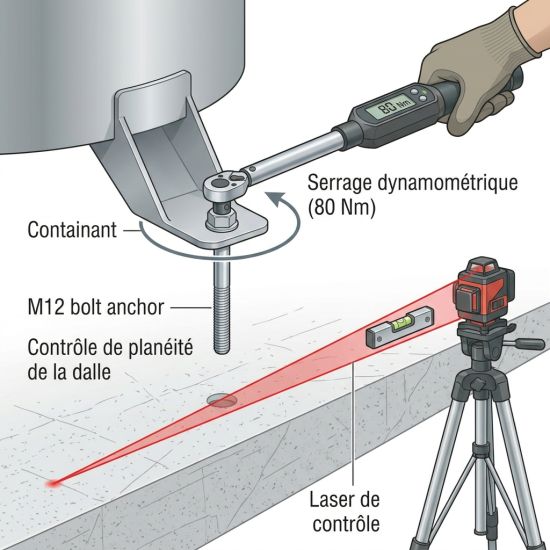 Fixation et niveau laser du conteneur enterré