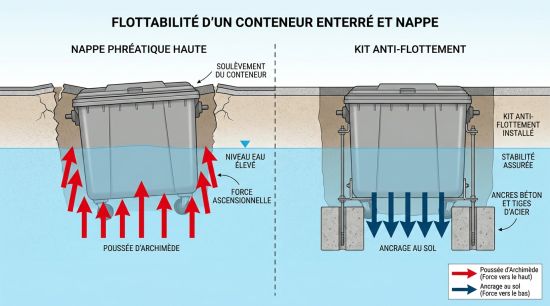 Flottabilité d'un conteneur enterré et nappe