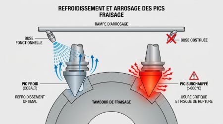 Refroidissement et arrosage des pics fraisage