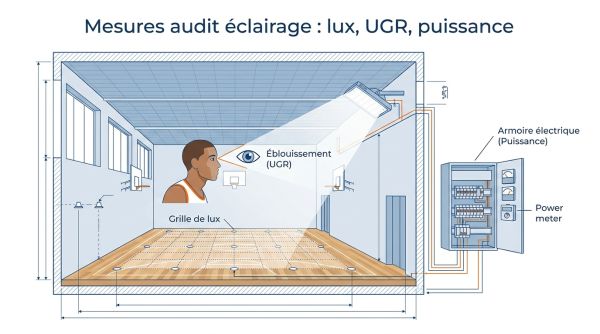 Mesures audit éclairage : lux, UGR, puissance