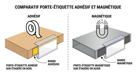 Comparatif porte-étiquette adhésif et magnétique