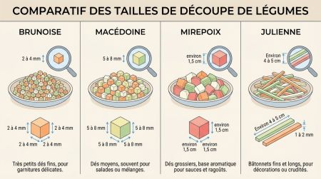 Comparatif visuel tailles brunoise et macédoine