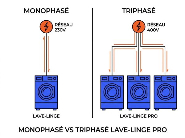 Monophasé vs triphasé lave-linge pro