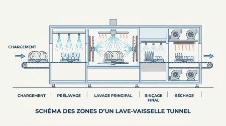 Schéma des zones d'un lave-vaisselle tunnel
