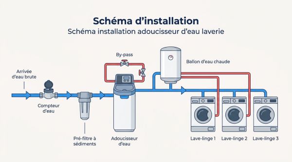 Schéma installation adoucisseur d'eau laverie