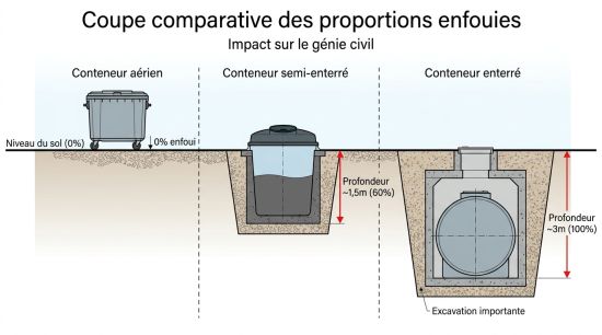 Coupe des conteneurs enterrés et aériens