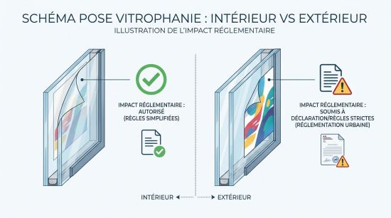 Schéma pose vitrophanie intérieur vs extérieur