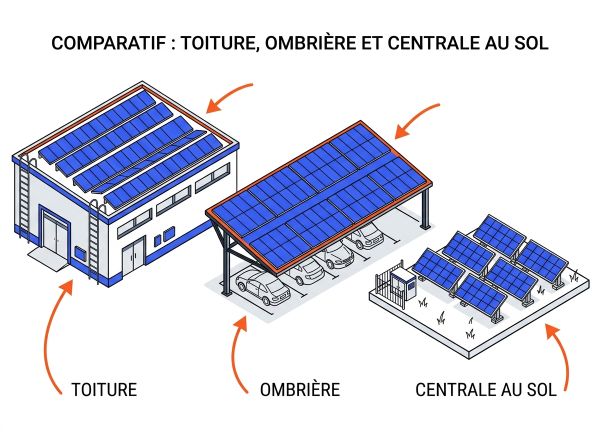 Comparatif toiture, ombrière et centrale au sol
