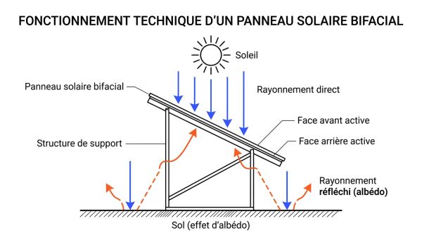 Fonctionnement technique d'un panneau solaire bifacial