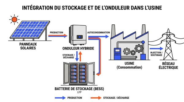 Schéma onduleur hybride et batterie pour usine