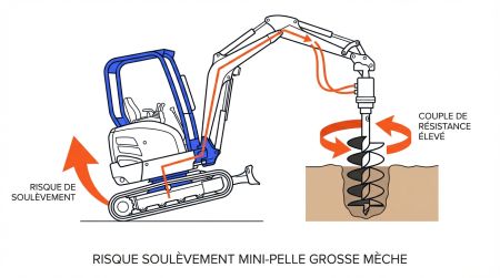 Risque soulèvement mini-pelle grosse mèche