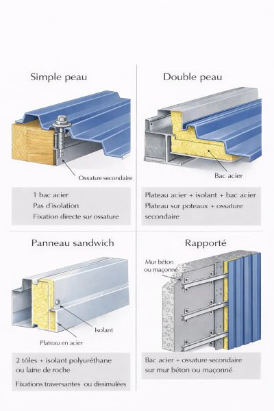 Schéma comparatif des systèmes de bardage métalliq