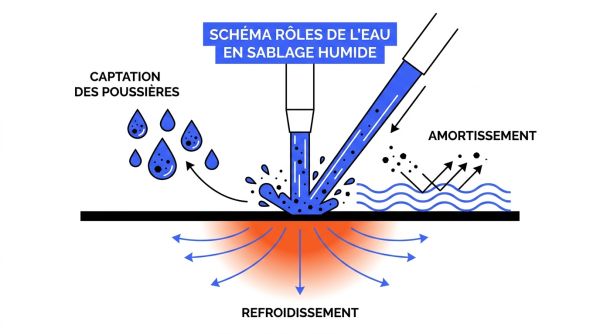 Schéma rôles de l'eau en sablage humide